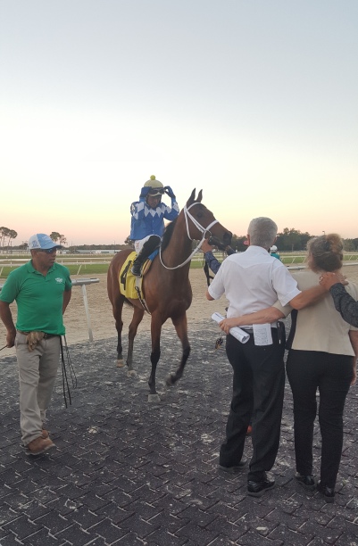 The sun begins to set as Miss High Tide, the final winner on the Sam F. Davis Day card, makes her way into the winners' circle.